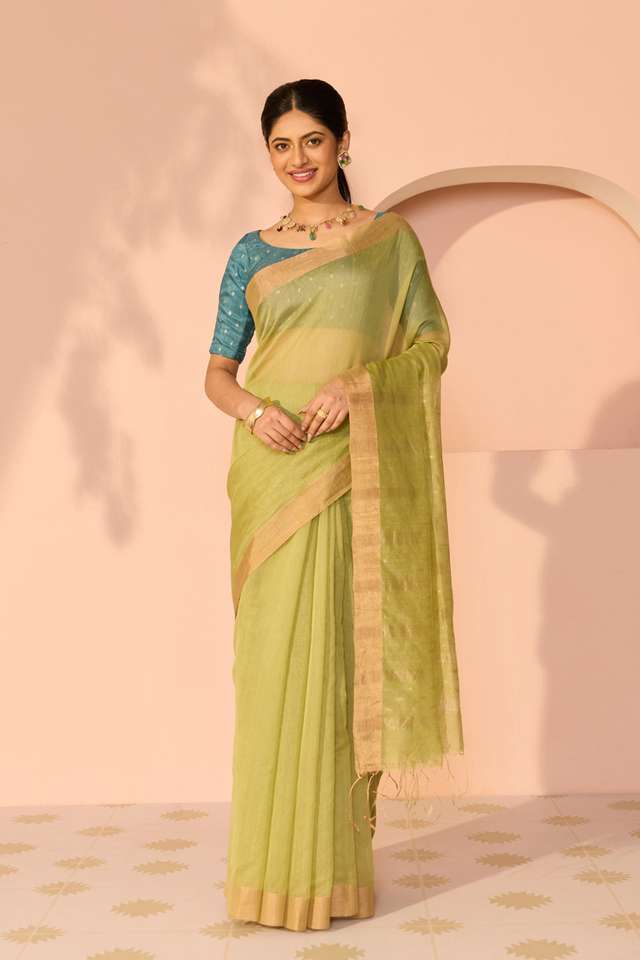 Light Green Bengal Pure Silk Cotton Jamdani Saree thumbnail image number null