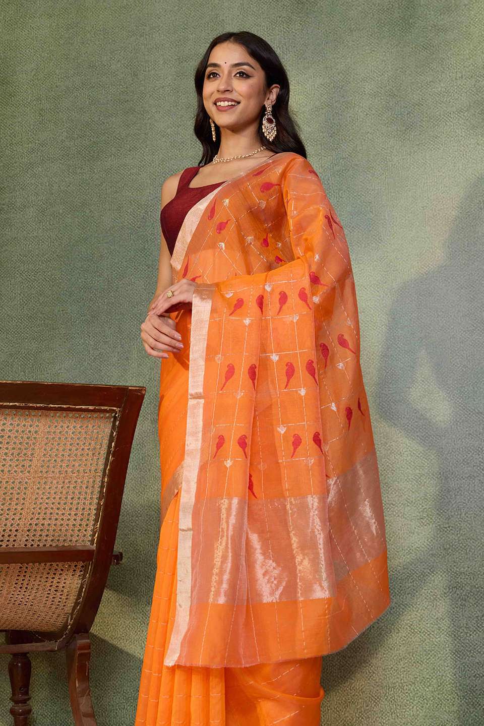 Orange Woven Pure Silk Cotton Chanderi Saree