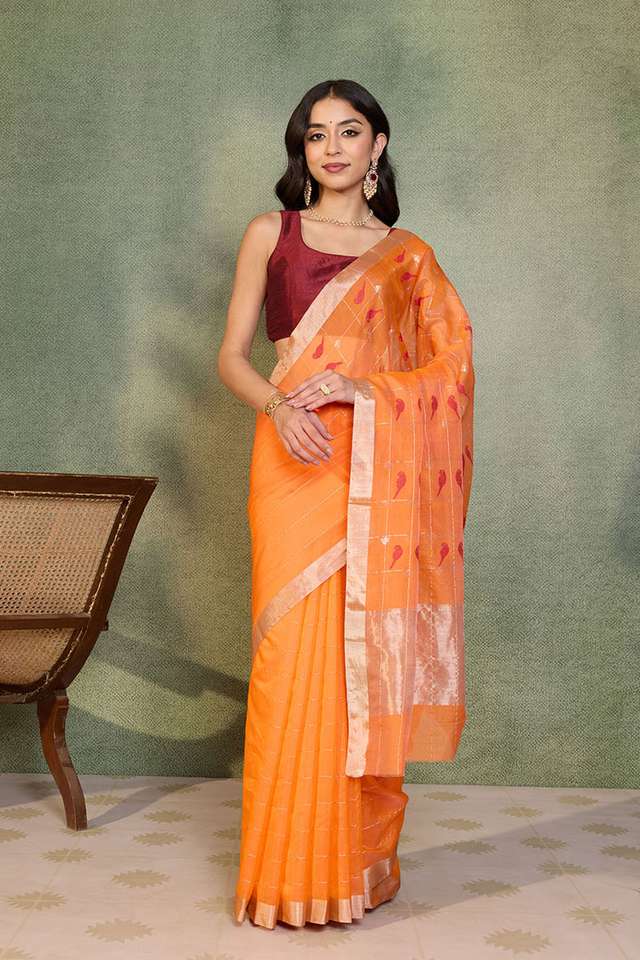 Orange Woven Pure Silk Cotton Chanderi Saree thumbnail image number null