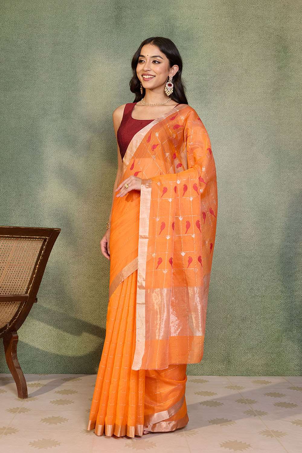 Orange Woven Pure Silk Cotton Chanderi Saree image number null