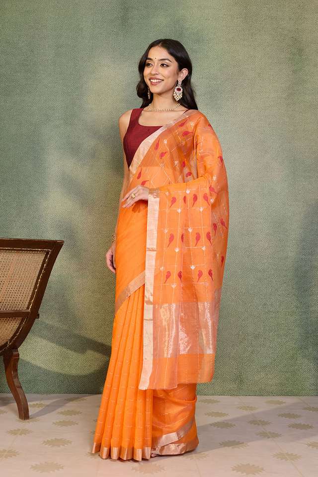 Orange Woven Pure Silk Cotton Chanderi Saree thumbnail image number null