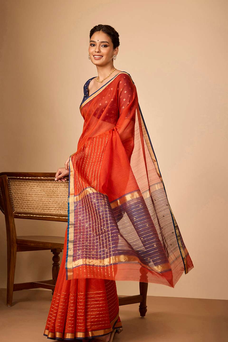 Dark Orange Woven Pure Silk Cotton Chanderi Saree