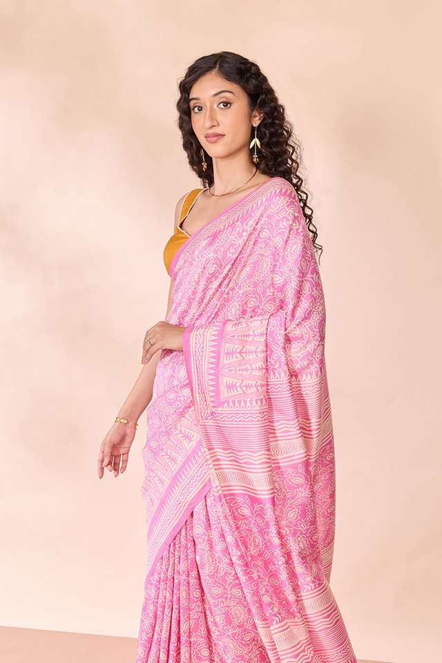 Pink Murshidabad Block Printed Pure Silk Saree image number