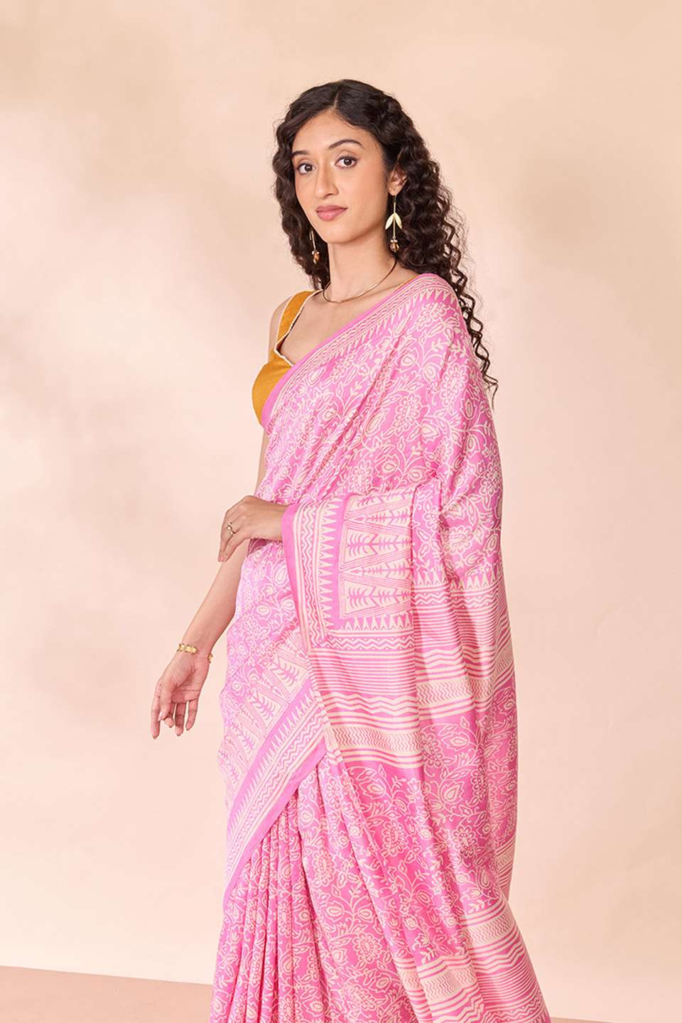 Pink Murshidabad Block Printed Pure Silk Saree