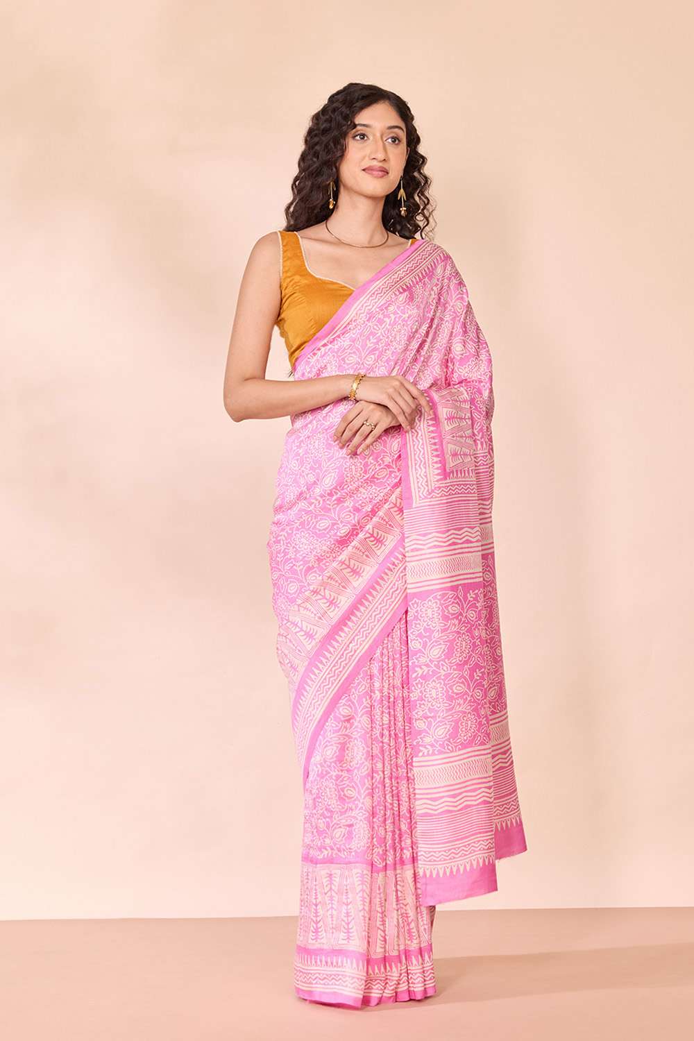 Pink Murshidabad Block Printed Pure Silk Saree image number null