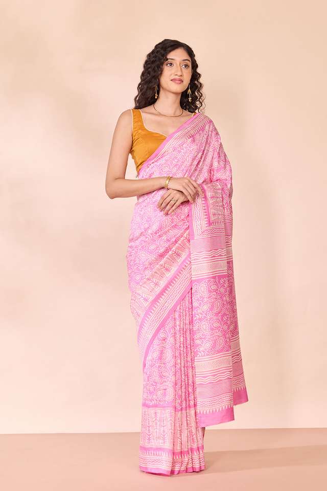 Pink Murshidabad Block Printed Pure Silk Saree thumbnail image number null