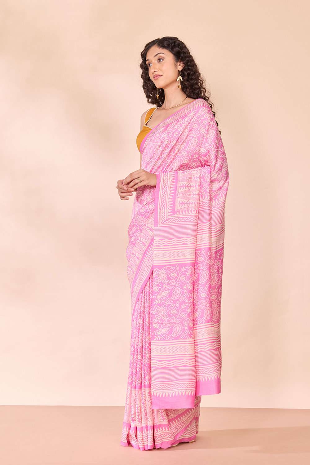 Pink Murshidabad Block Printed Pure Silk Saree image number null