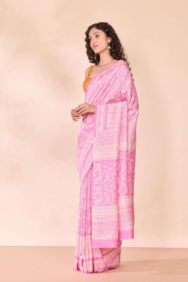 Pink Murshidabad Block Printed Pure Silk Saree thumbnail image number null