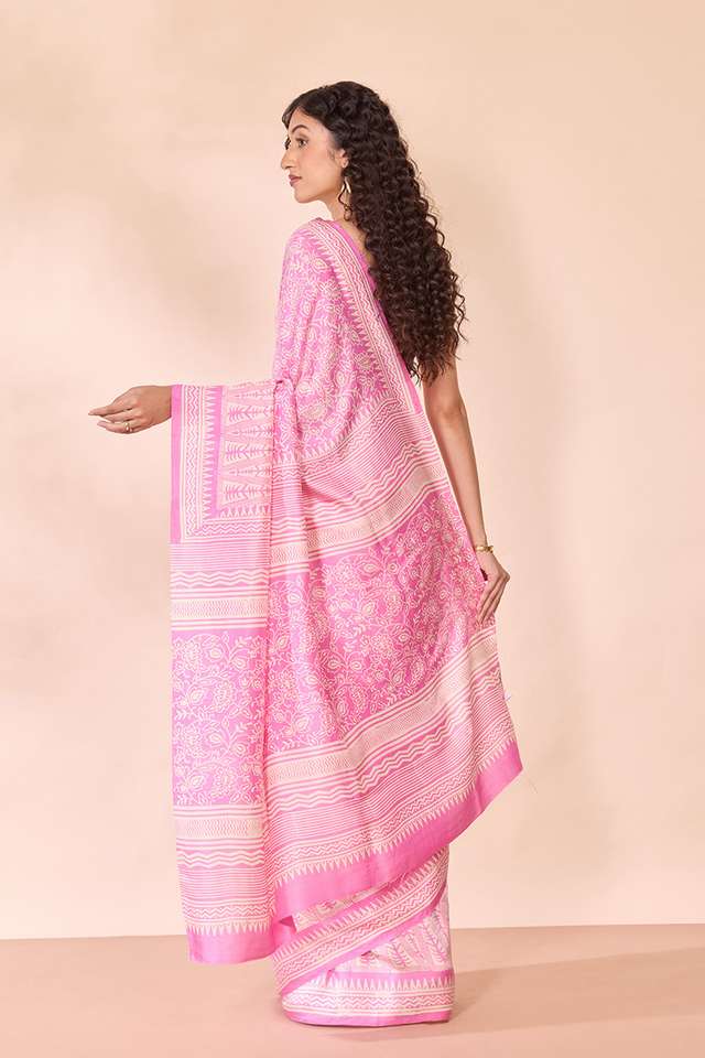 Pink Murshidabad Block Printed Pure Silk Saree thumbnail image number null