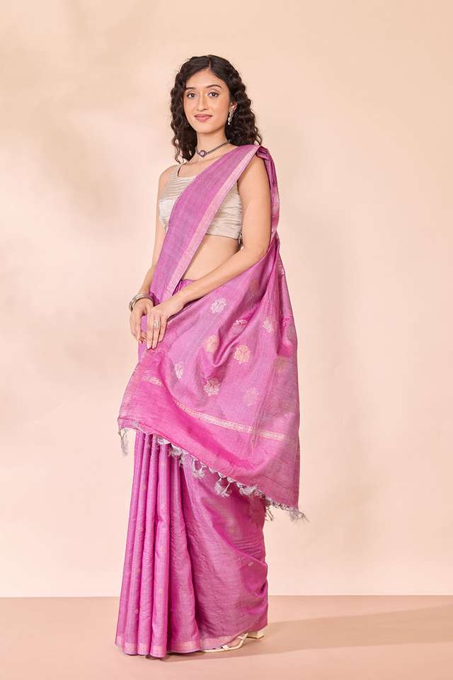 Dark Pink Chattisgarh Woven Pure Tussar Silk Saree thumbnail image number null