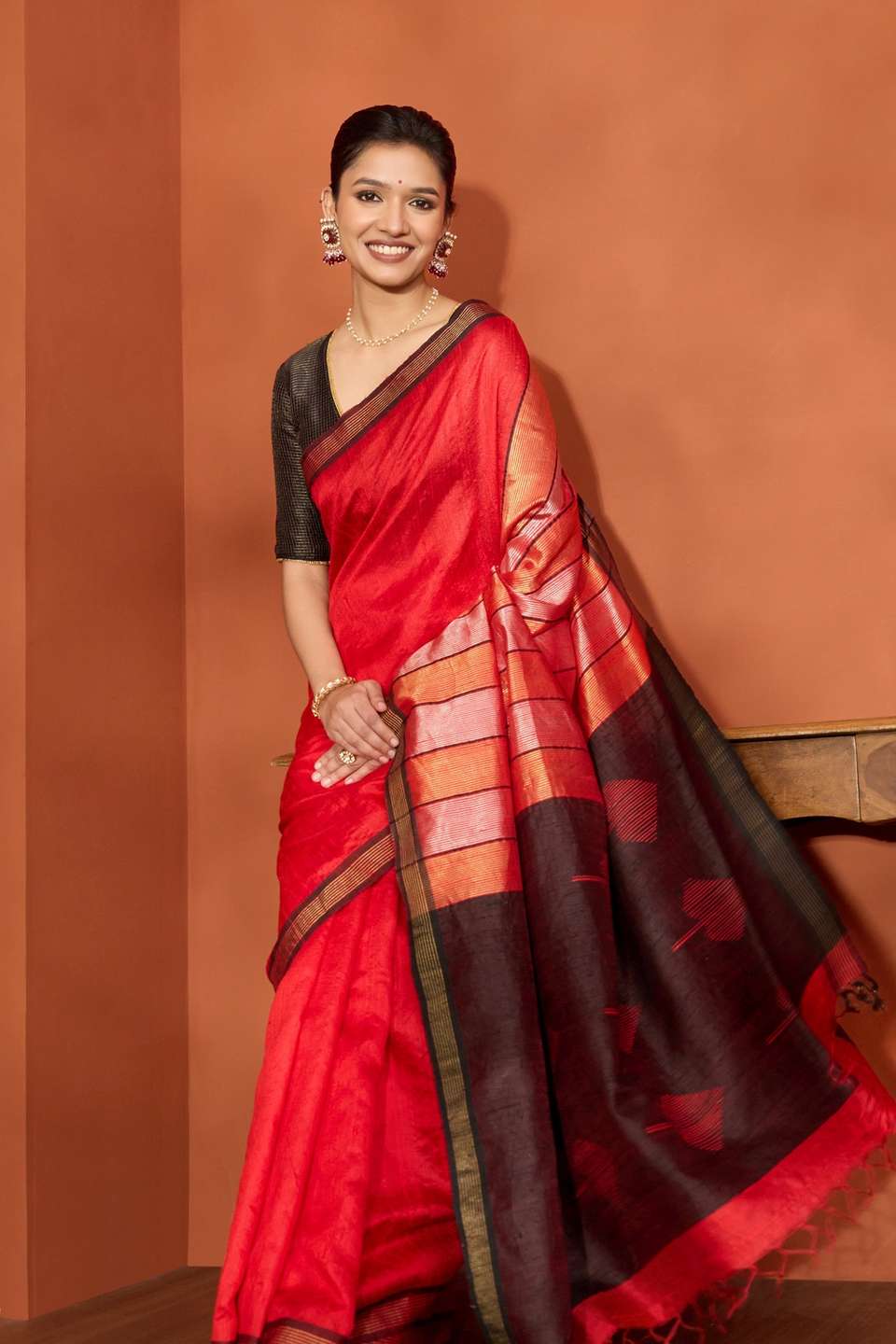 Red Bhagalpur Woven Pure Tussar Silk Saree