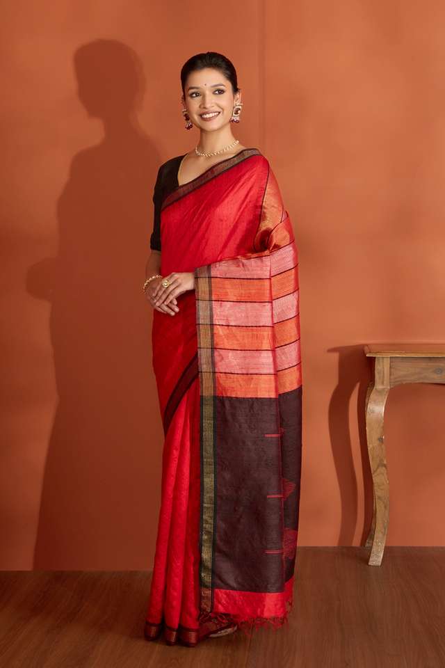 Red Bhagalpur Woven Pure Tussar Silk Saree thumbnail image number null