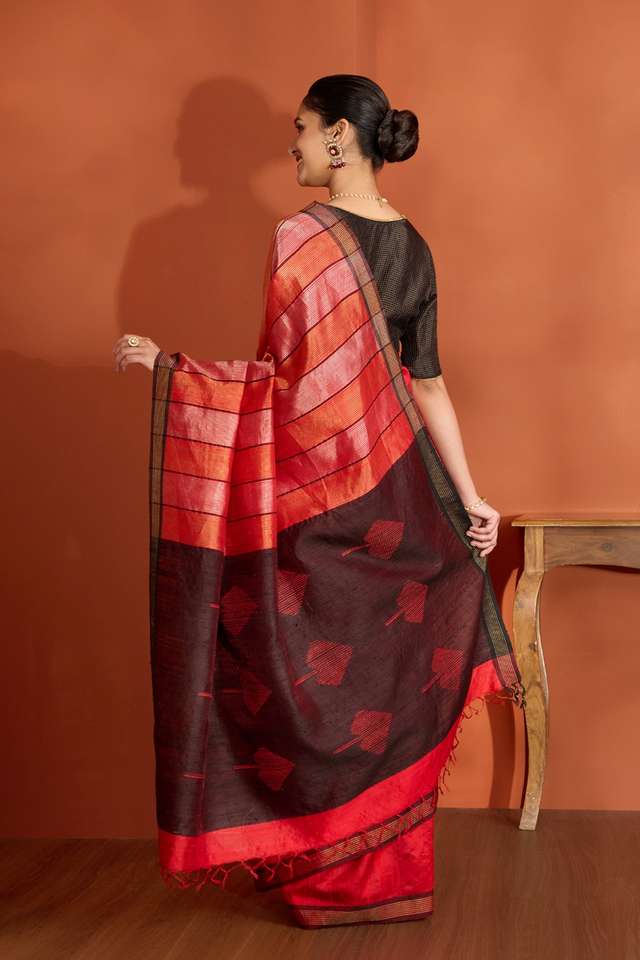 Red Bhagalpur Woven Pure Tussar Silk Saree thumbnail image number null