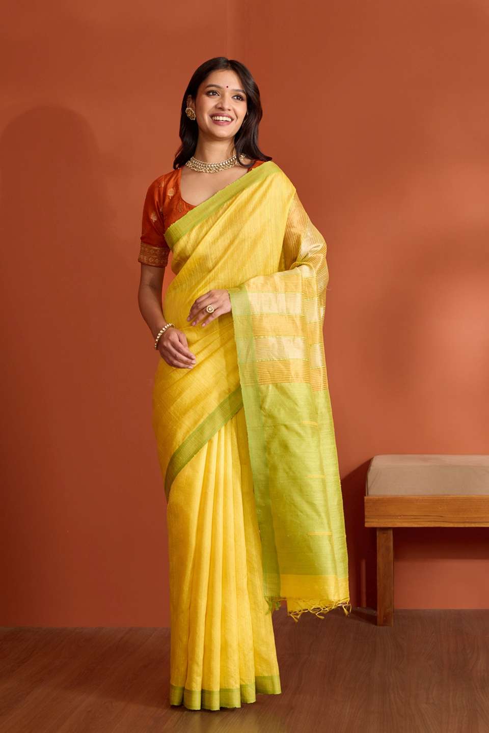 Yellow Pure Tussar Silk Bhagalpur Woven Saree