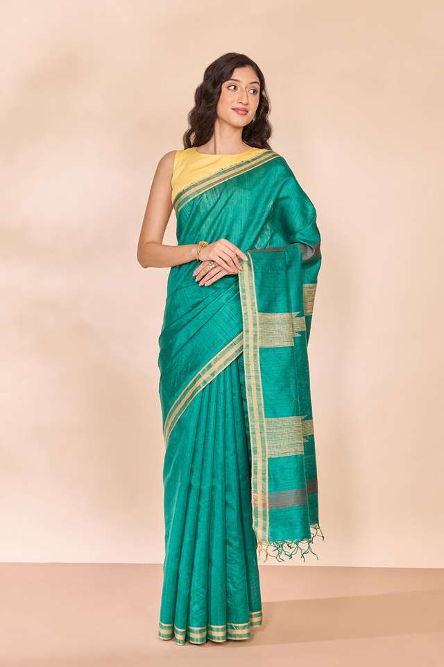 Dark Green Bhagalpur Woven Pure Tussar Silk Saree thumbnail image number null