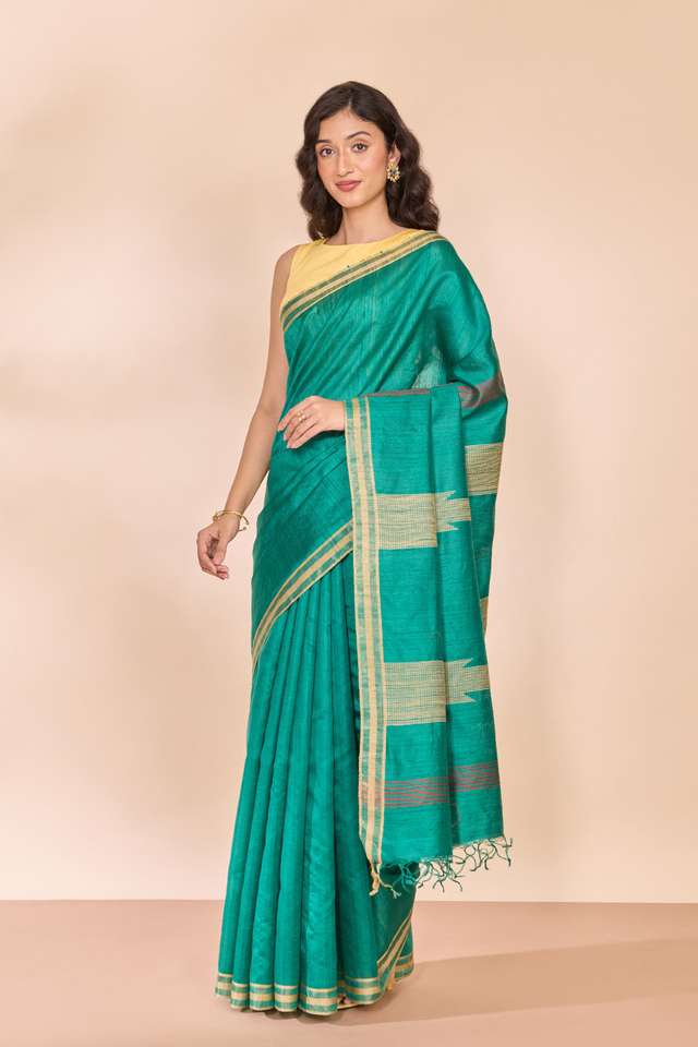 Dark Green Bhagalpur Woven Pure Tussar Silk Saree thumbnail image number null