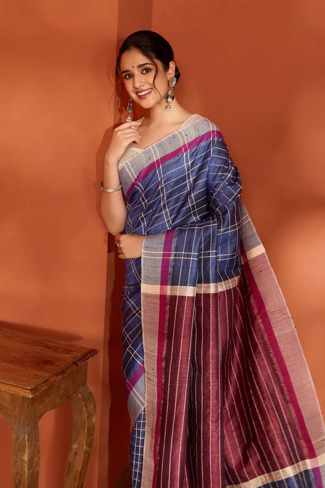 Blue Bhagalpur Woven Pure Tussar Silk Saree image number