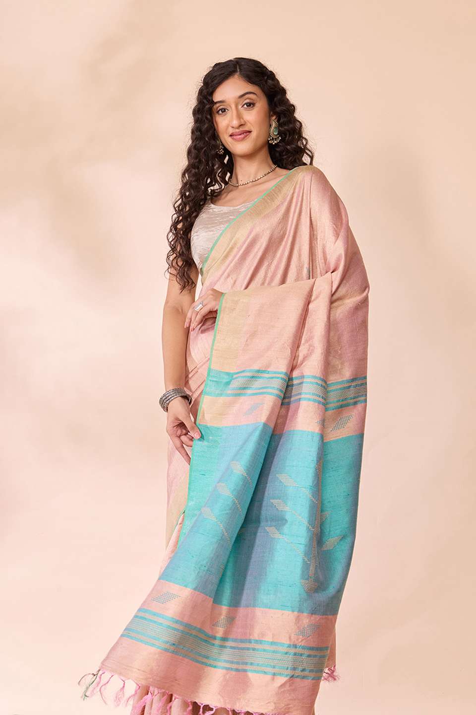 Light Pink Bhagalpur Woven Pure Tussar Silk Saree