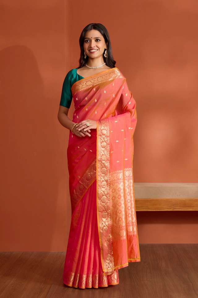 Pink Silk Viscose Banaras Cutwork Saree thumbnail image number null