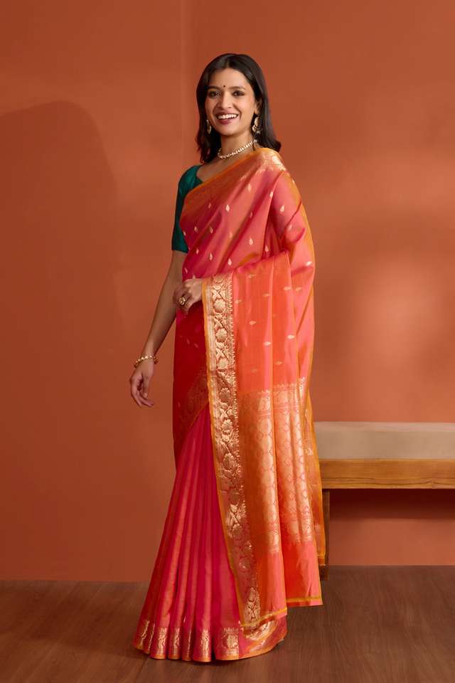 Pink Silk Viscose Banaras Cutwork Saree thumbnail image number null