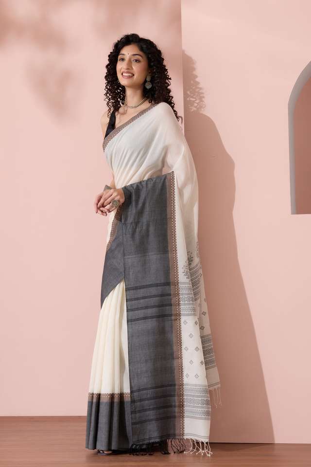 Off White Woven Pure Cotton Bengal Saree thumbnail image number null