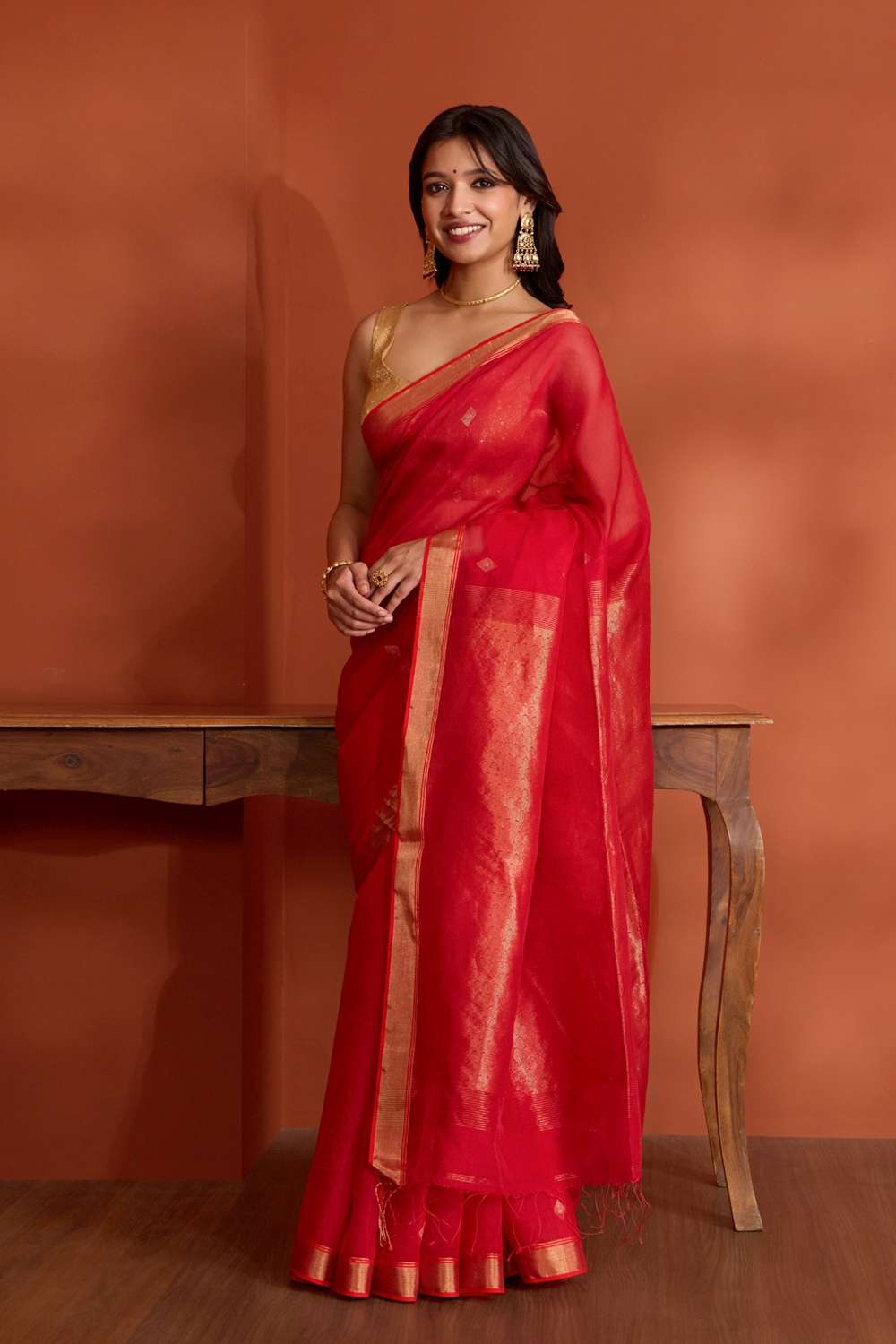 Red Pure Silk Cotton Bengal Woven Saree image number null