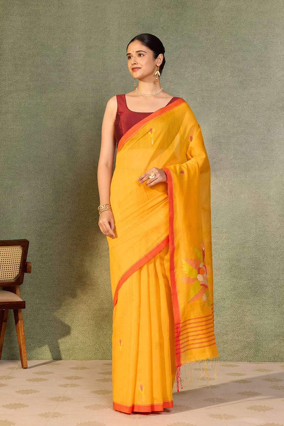 Light Orange Bengal Pure Silk Cotton Jamdani Saree