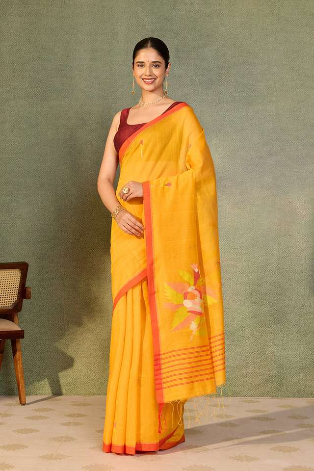 Light Orange Bengal Pure Silk Cotton Jamdani Saree thumbnail image number null