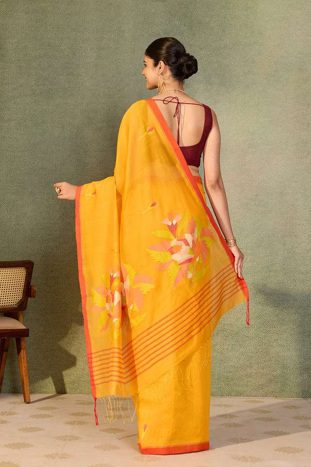 Light Orange Bengal Pure Silk Cotton Jamdani Saree thumbnail image number null