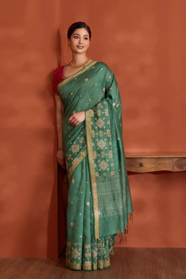 Dark Green Bengal Pure Silk Linen Embroidered Saree thumbnail image number null