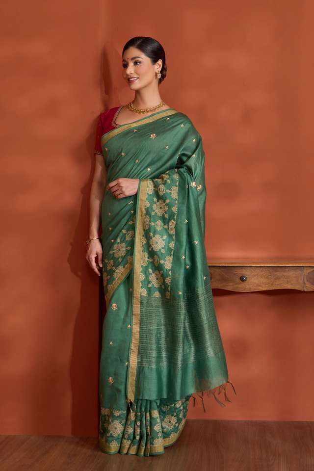 Dark Green Bengal Pure Silk Linen Embroidered Saree thumbnail image number null