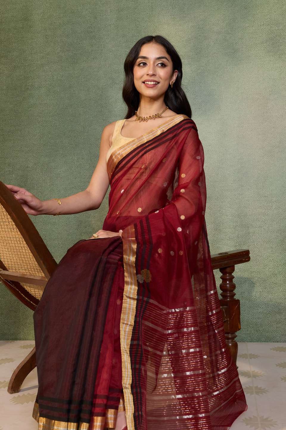 Dark Red Woven Pure Silk Cotton Chanderi Saree