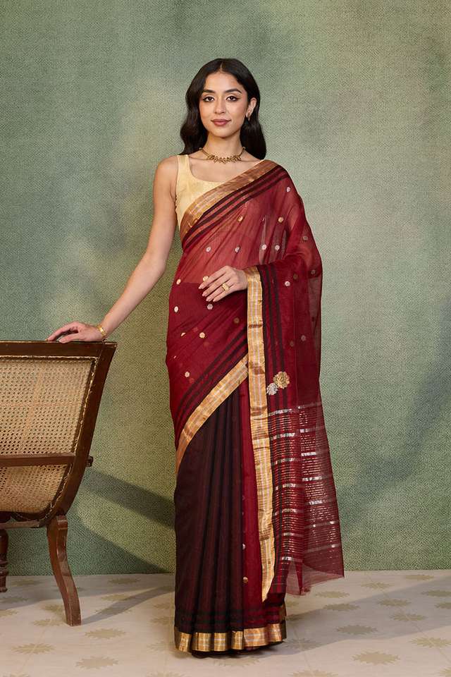 Dark Red Woven Pure Silk Cotton Chanderi Saree thumbnail image number null