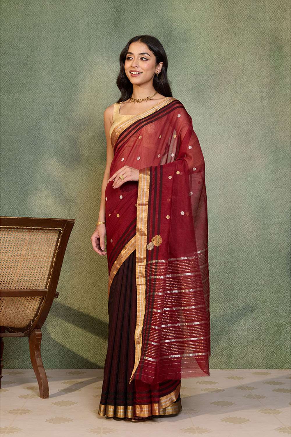 Dark Red Woven Pure Silk Cotton Chanderi Saree image number null