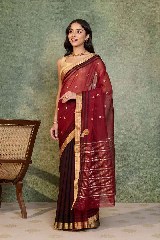 Dark Red Woven Pure Silk Cotton Chanderi Saree thumbnail image number null
