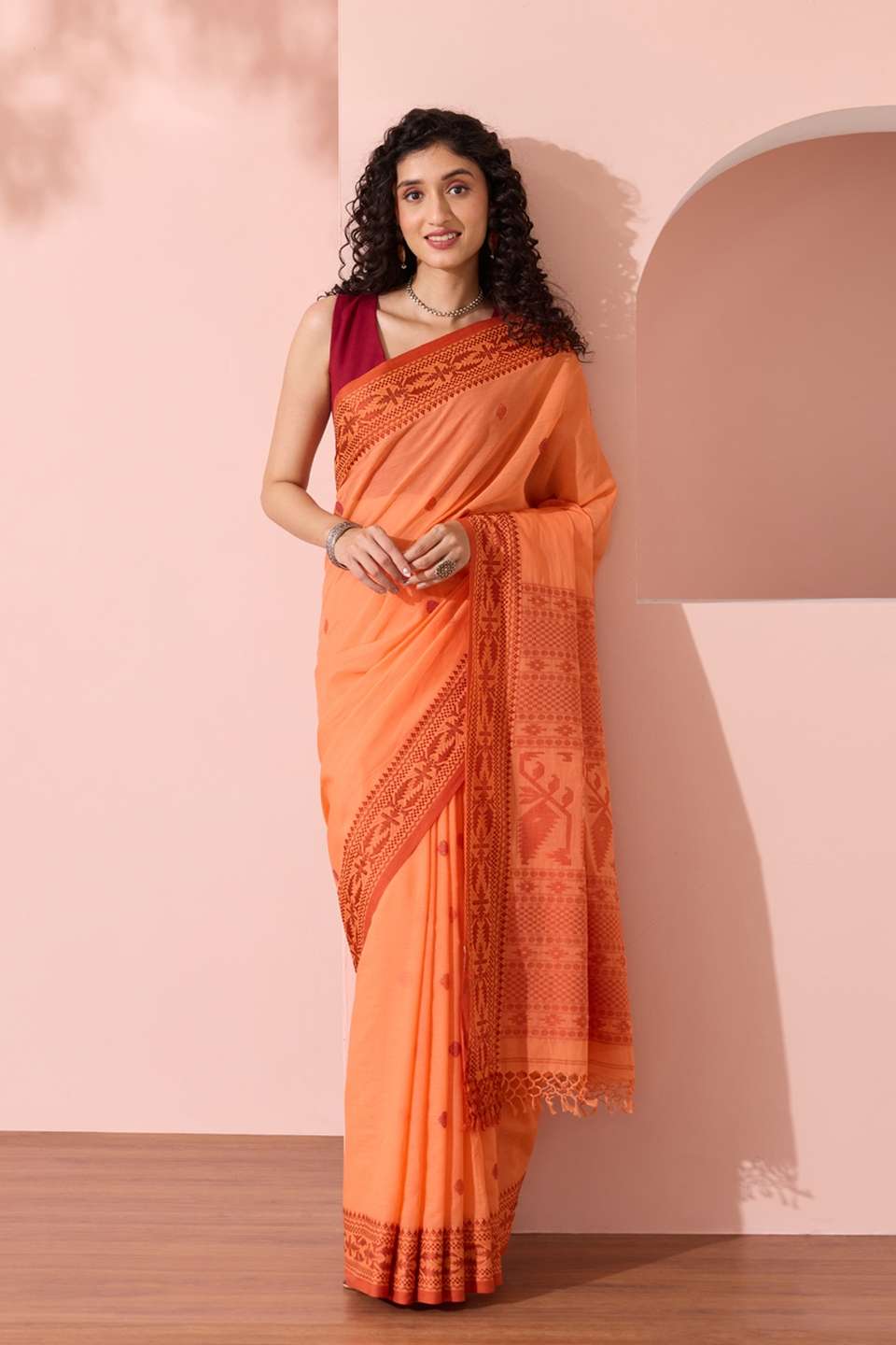 Light Orange Bengal Pure Cotton Jamdani Saree