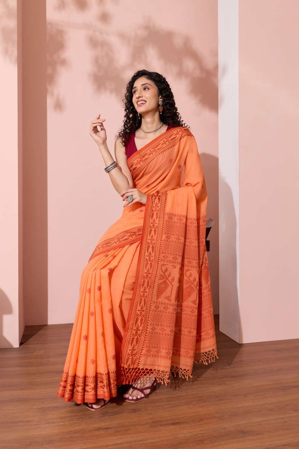 Light Orange Bengal Pure Cotton Jamdani Saree image number null