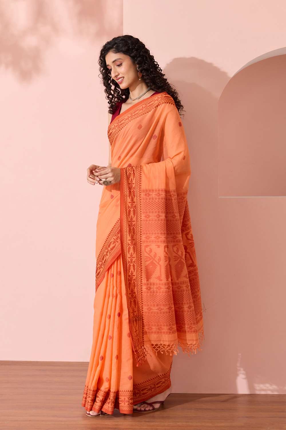 Light Orange Bengal Pure Cotton Jamdani Saree image number null