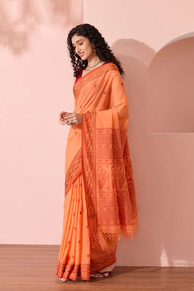 Light Orange Bengal Pure Cotton Jamdani Saree thumbnail image number null