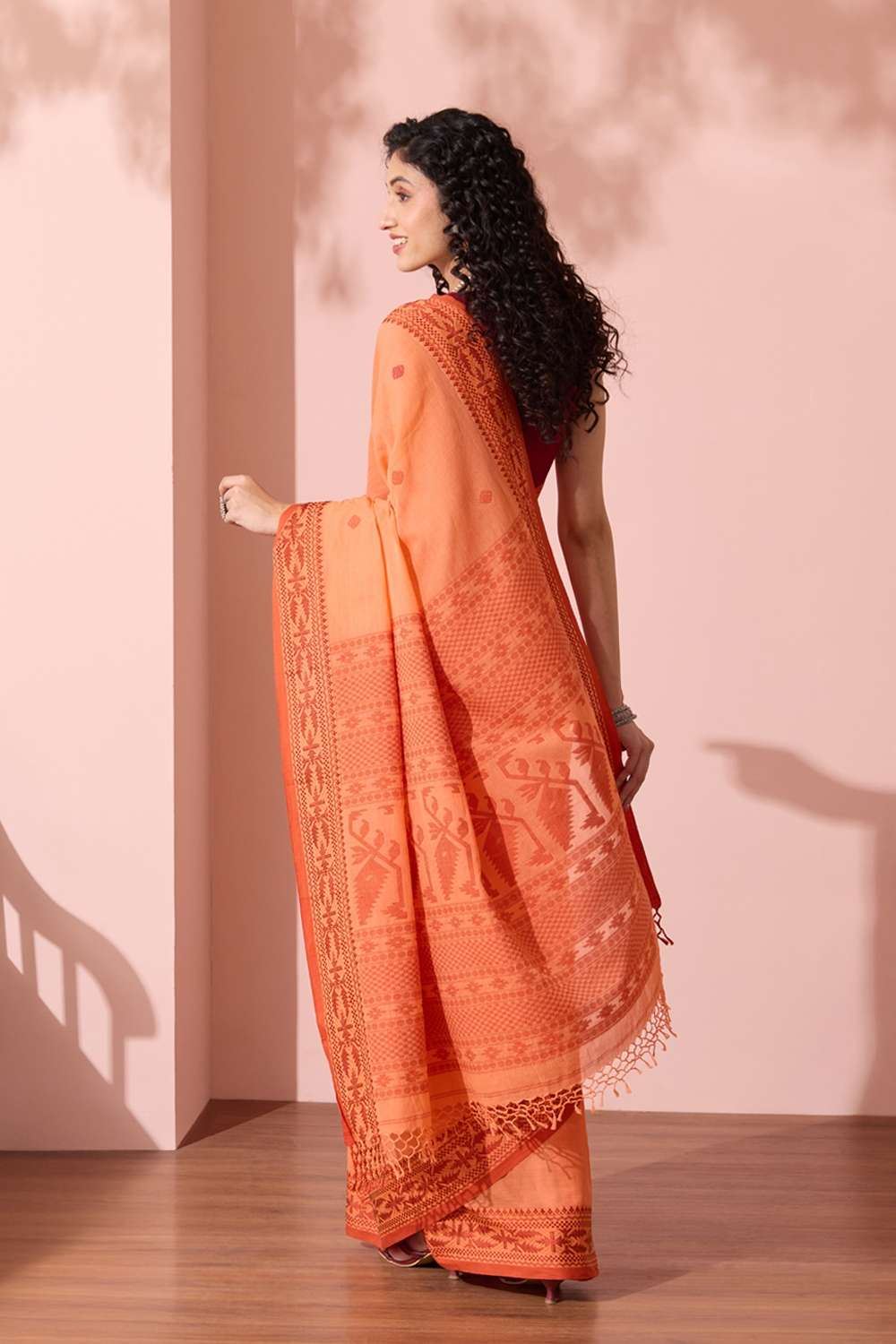 Light Orange Bengal Pure Cotton Jamdani Saree image number null
