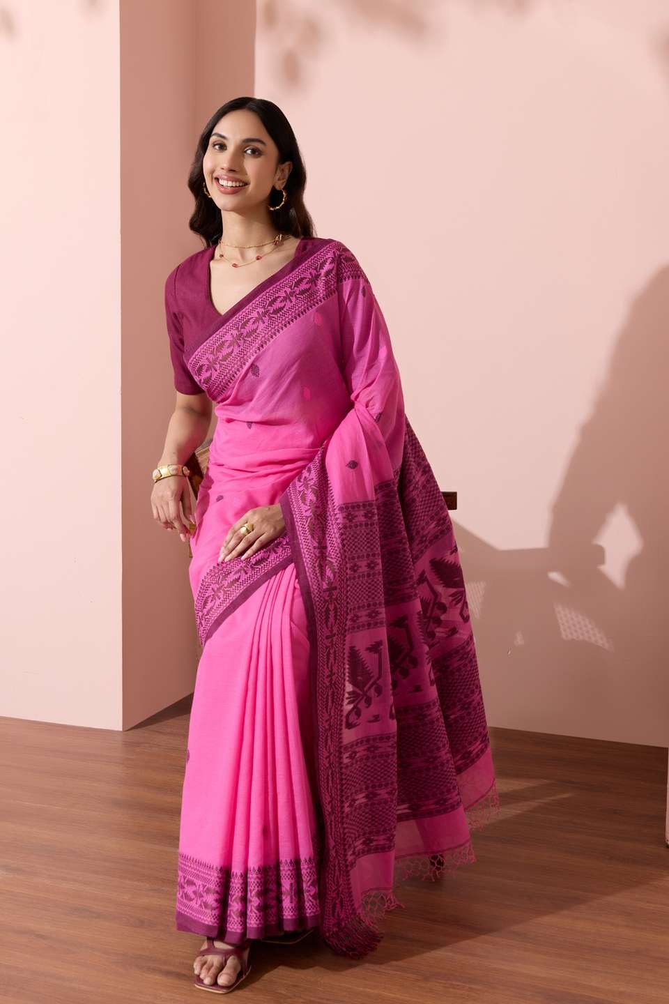 Pink Bengal Pure Cotton Jamdani Saree