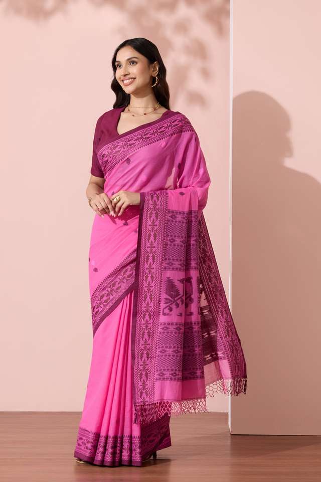 Pink Bengal Pure Cotton Jamdani Saree thumbnail image number null