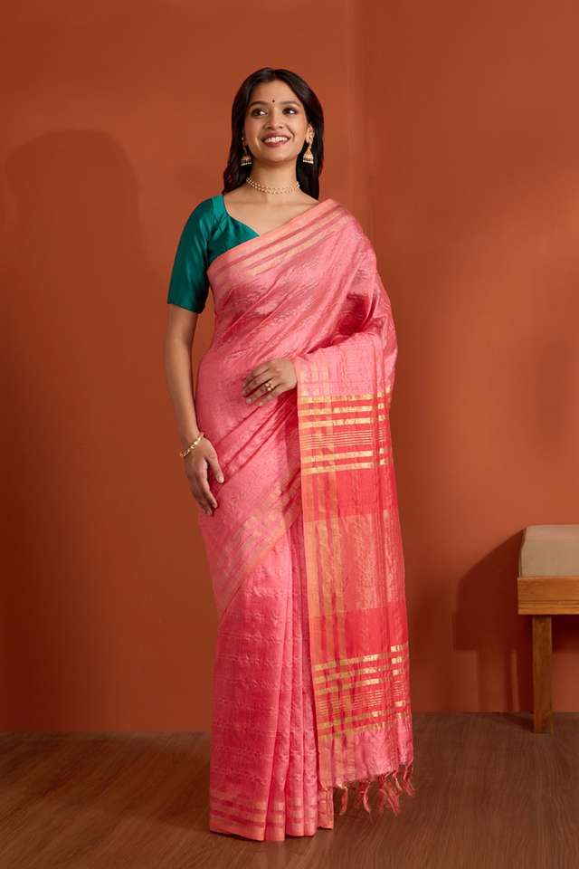 Pink Pure Tussar Silk Bhagalpur Woven Saree thumbnail image number null