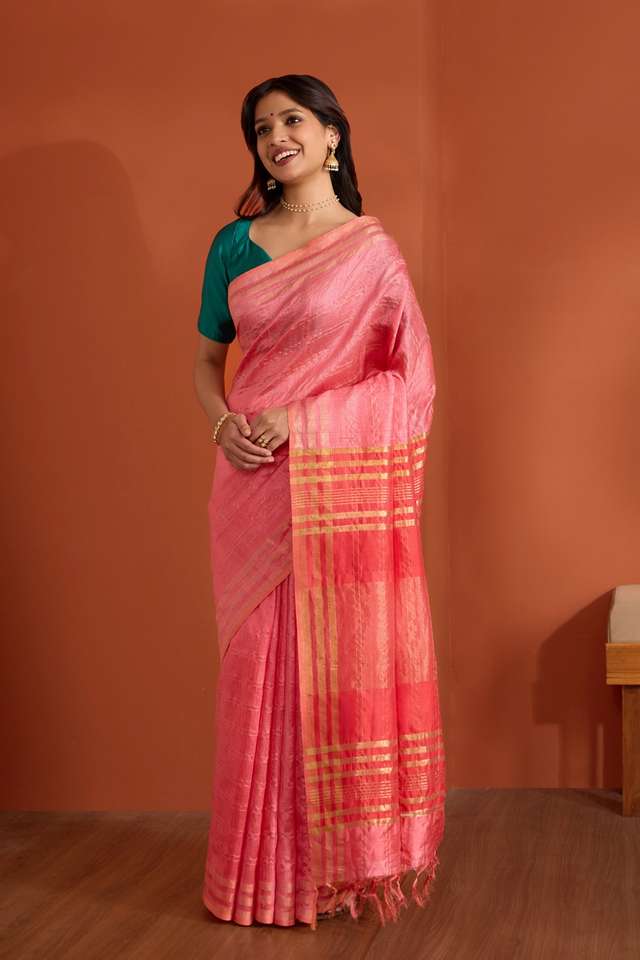 Pink Pure Tussar Silk Bhagalpur Woven Saree thumbnail image number null
