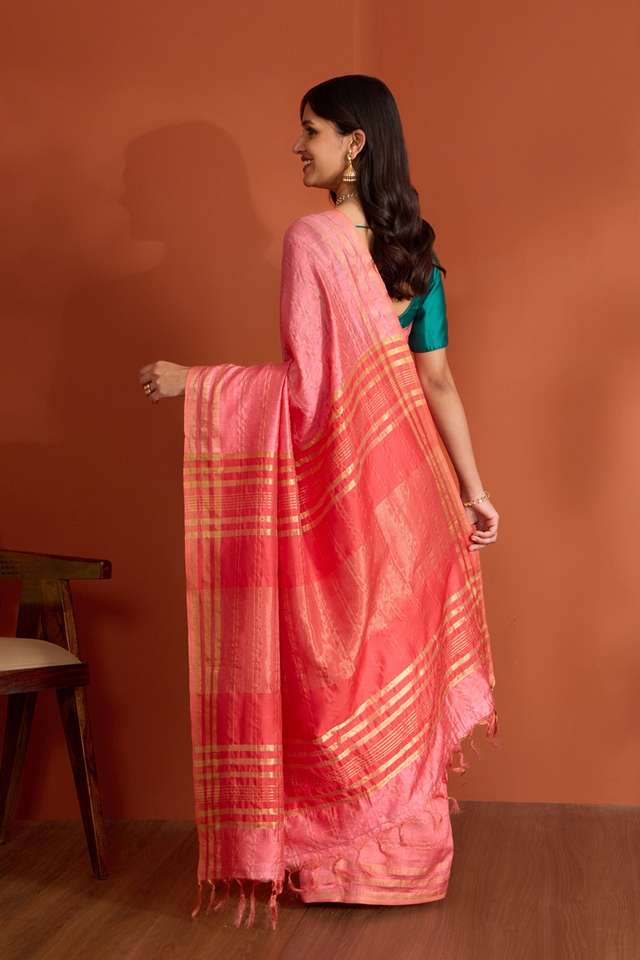 Pink Pure Tussar Silk Bhagalpur Woven Saree thumbnail image number null