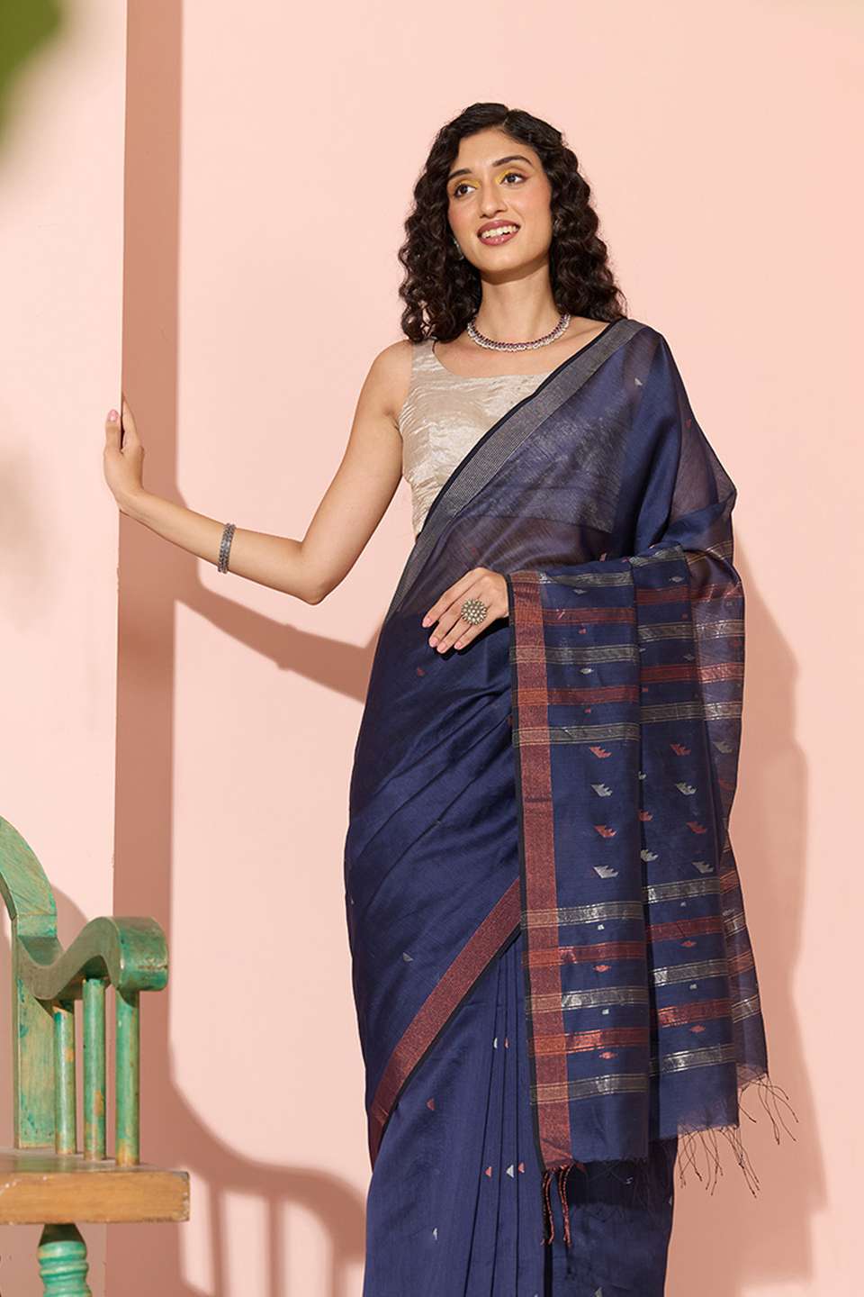 Dark Blue Jamdani Pure Silk Cotton Bengal Saree
