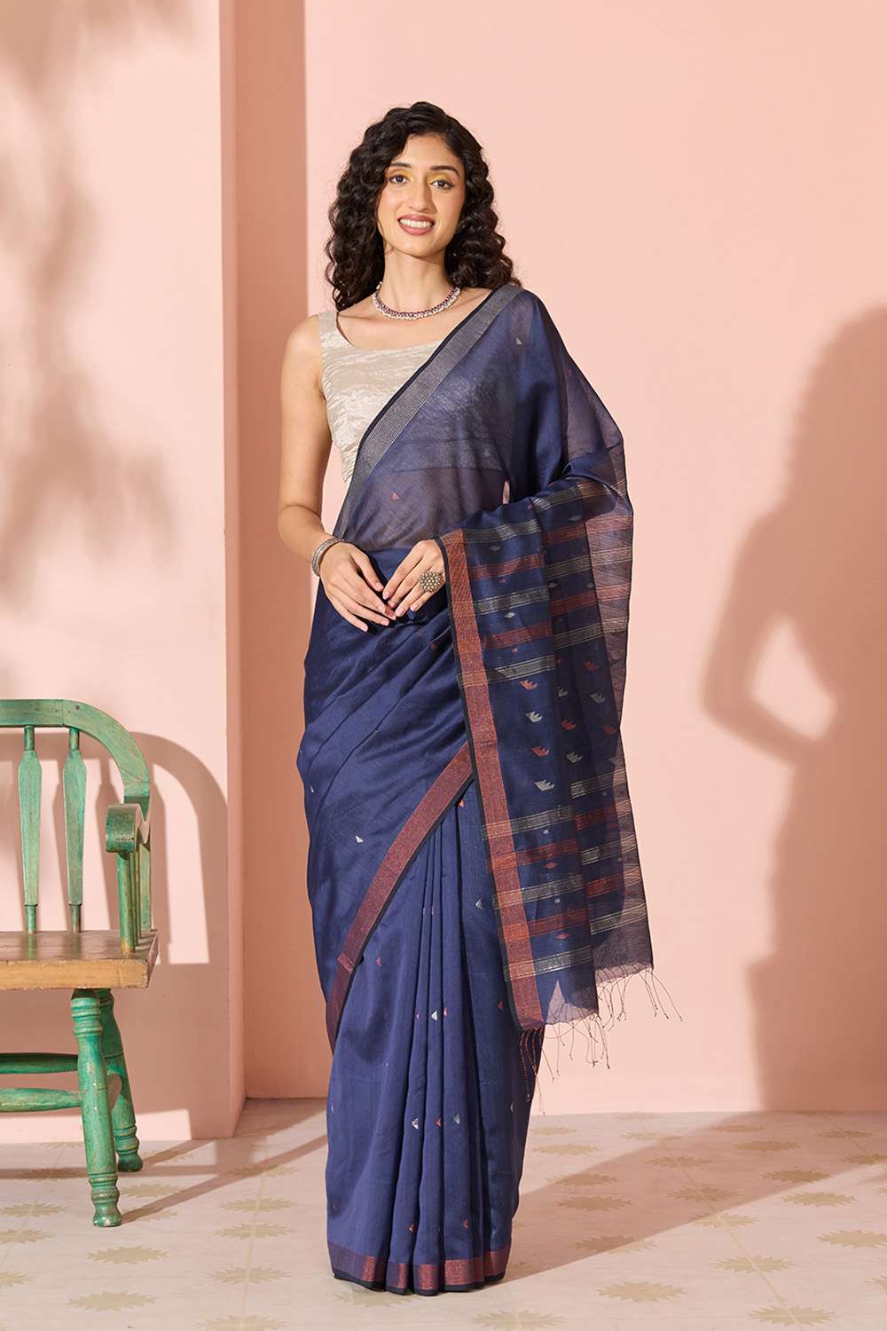Dark Blue Jamdani Pure Silk Cotton Bengal Saree image number null