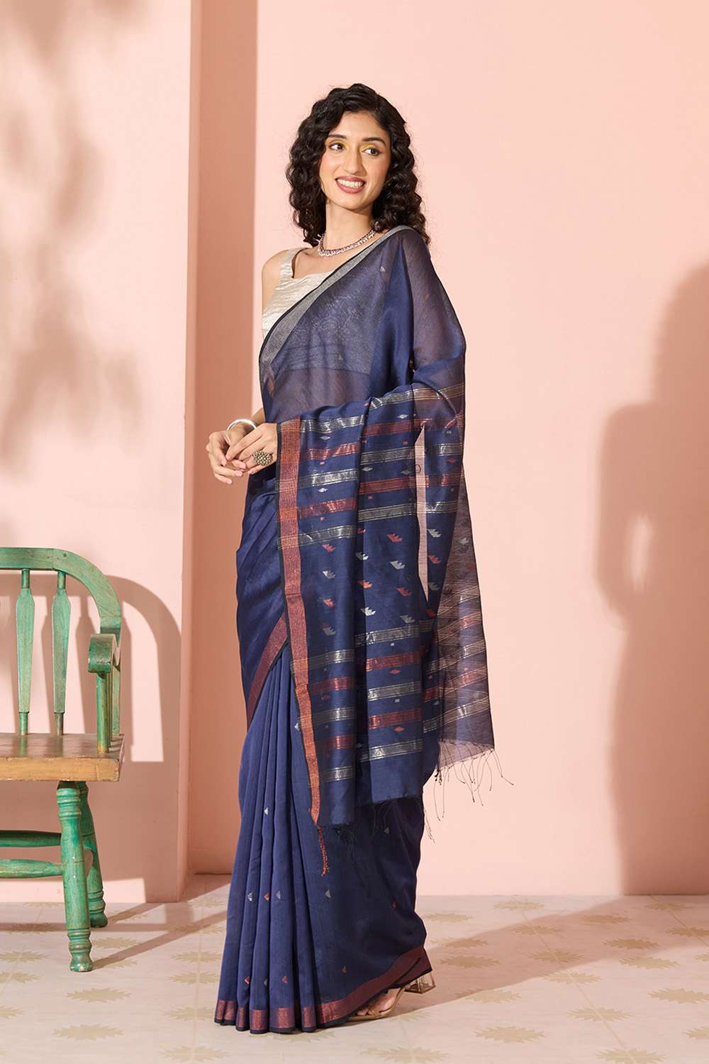 Dark Blue Jamdani Pure Silk Cotton Bengal Saree image number null