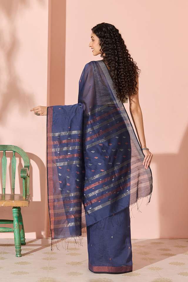 Dark Blue Jamdani Pure Silk Cotton Bengal Saree thumbnail image number null