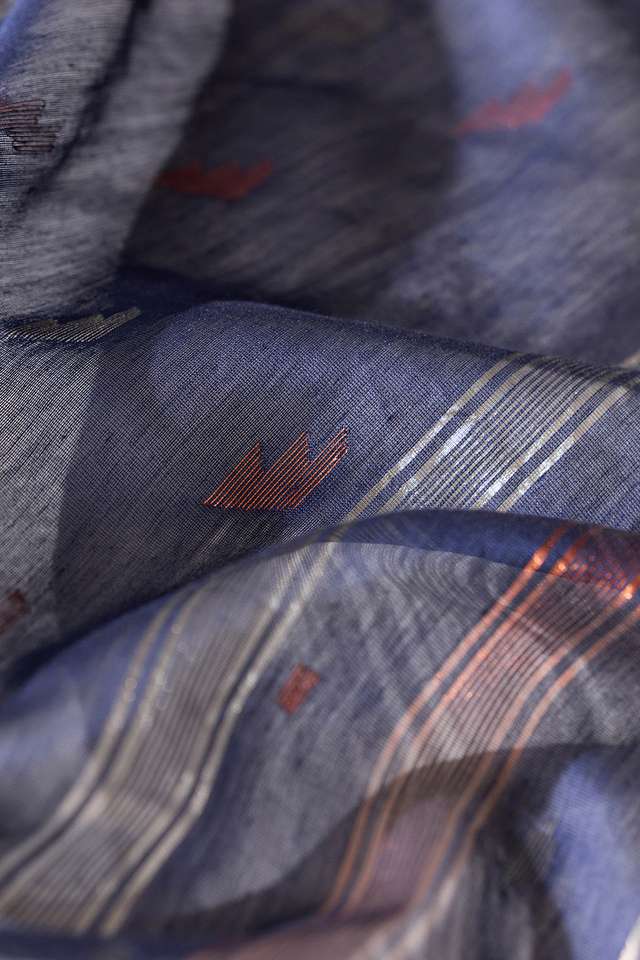 Dark Blue Jamdani Pure Silk Cotton Bengal Saree thumbnail image number null
